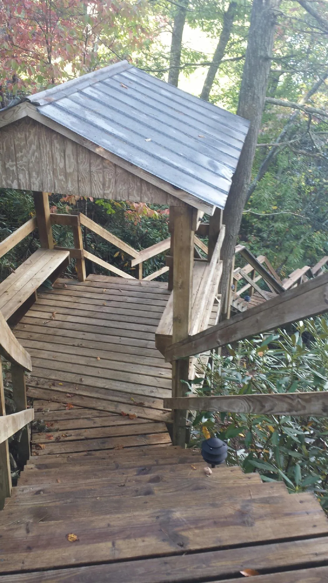 Metal roofed shelter over wooden steps on a wooded walkway — Skylight Repair & Installation work by our crew in Gentryville